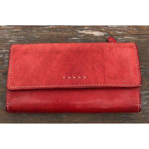 Vintage Fossil Genuine Leather Tri-Fold Checkbook Wallet Red - Picture 1 of 12